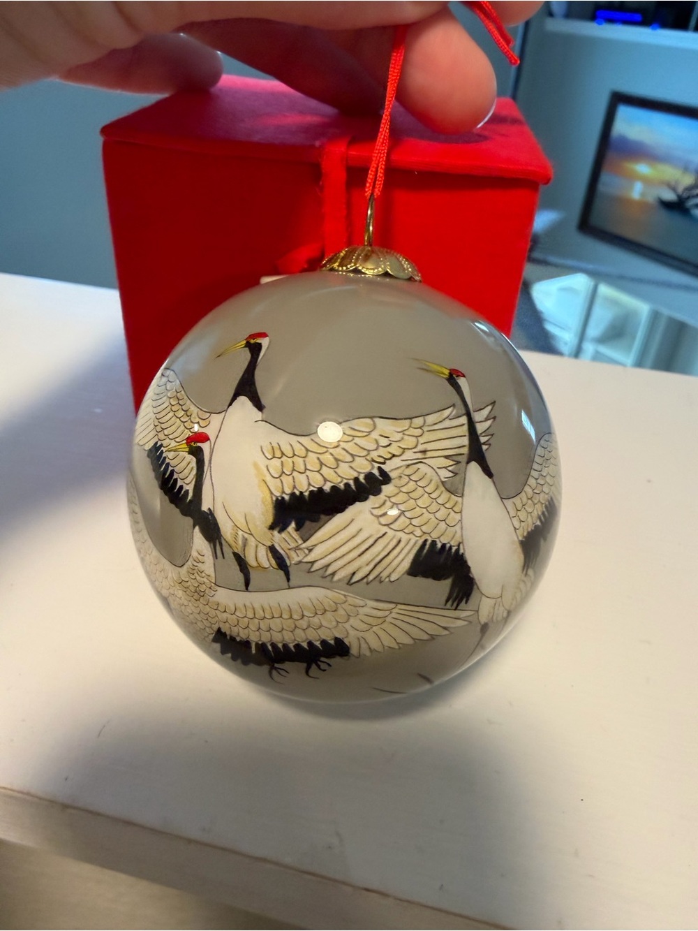 Handpainted Glass Ball, Gray Dancing Cranes, Christmas ornament w/box